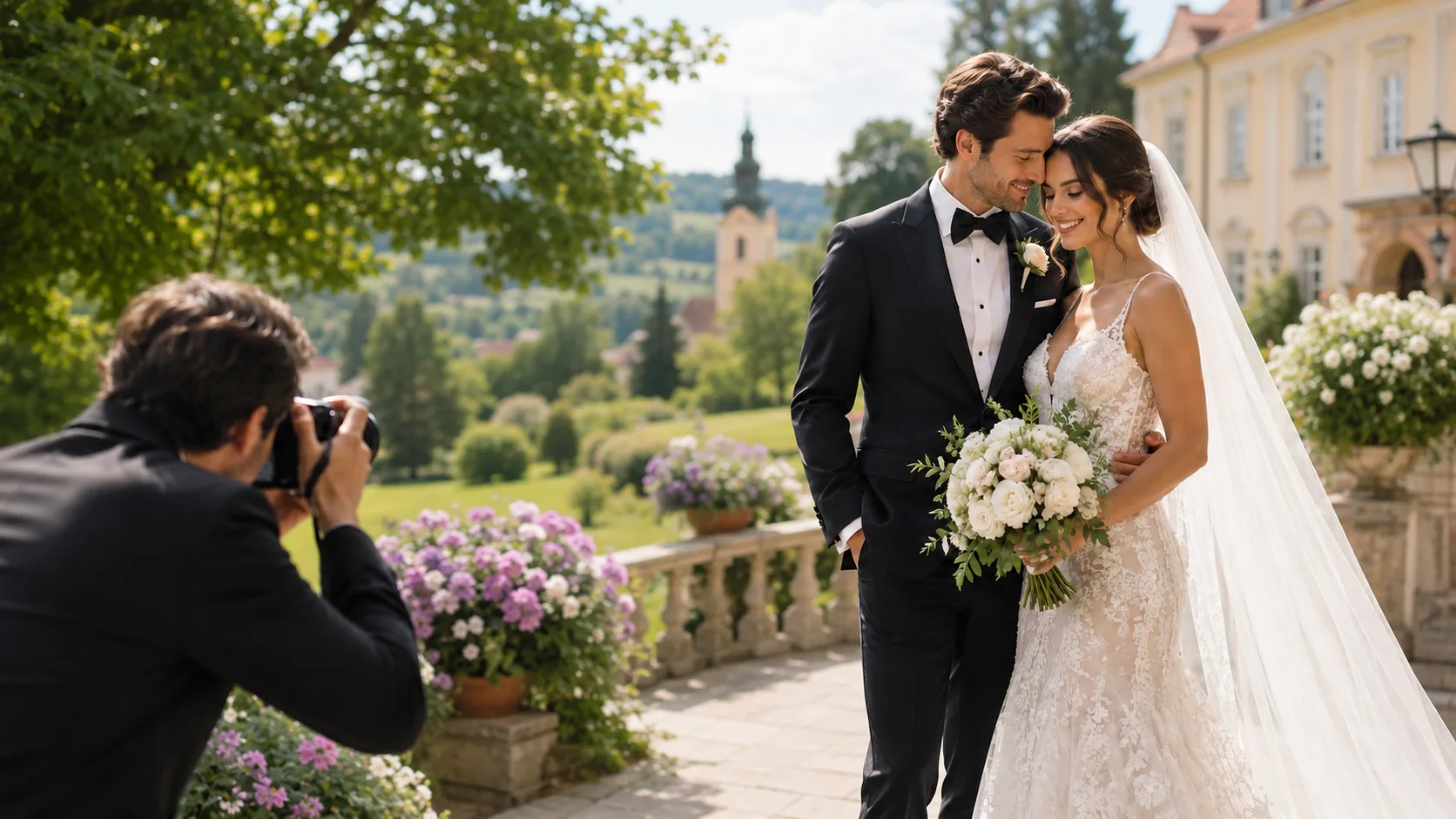 Fotograf fotí novomanžele na terase zámku