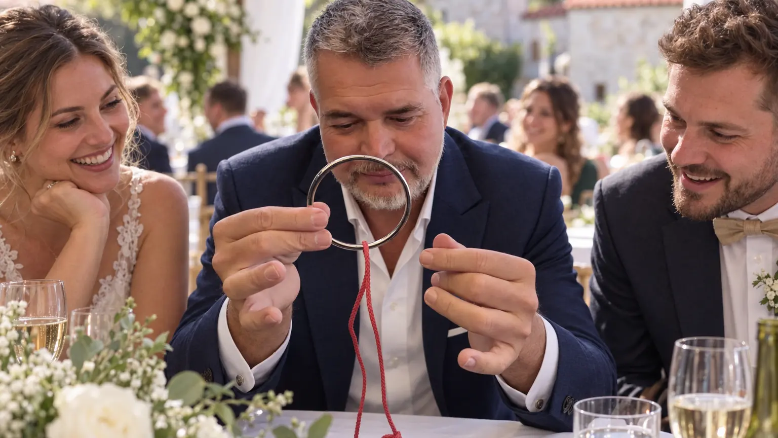Tom Gryf předvádí kouzlo hostům u svatební tabule